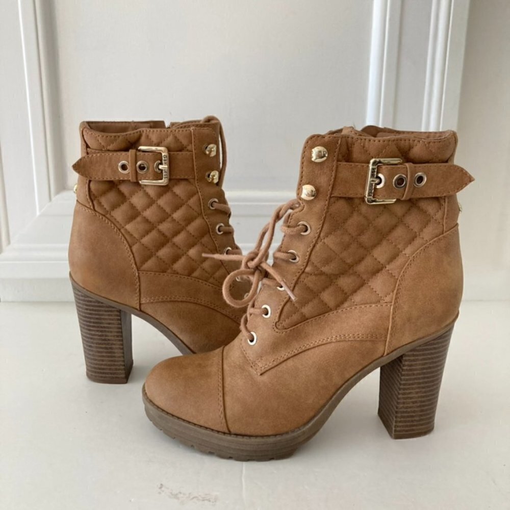 G By Guess Quilted Faux Leather Heeled Ankle Boots Tan Sz 7